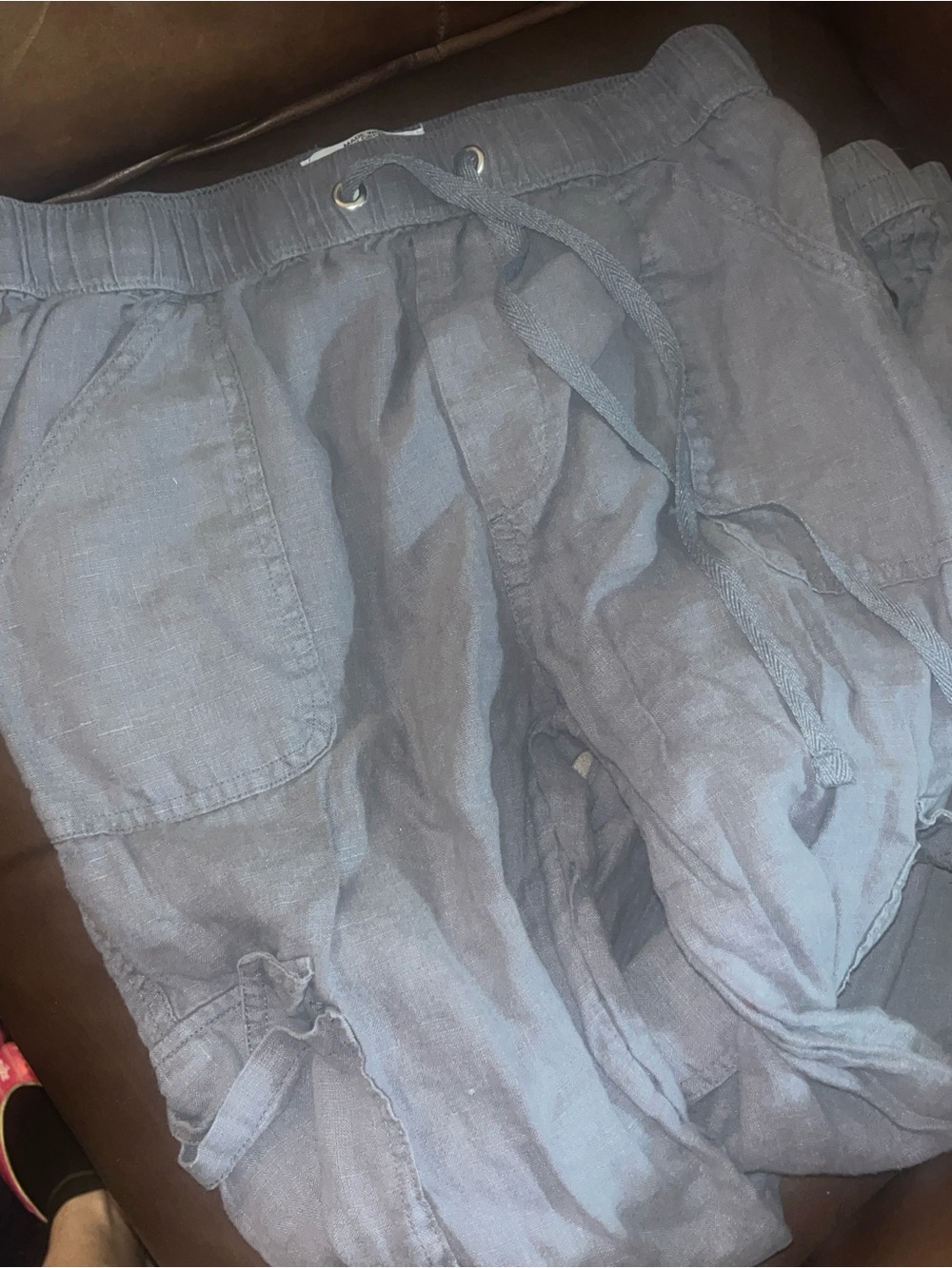 Nicole Miller Slate Blue Cropped Drawstring Cargo Pants 100% linen